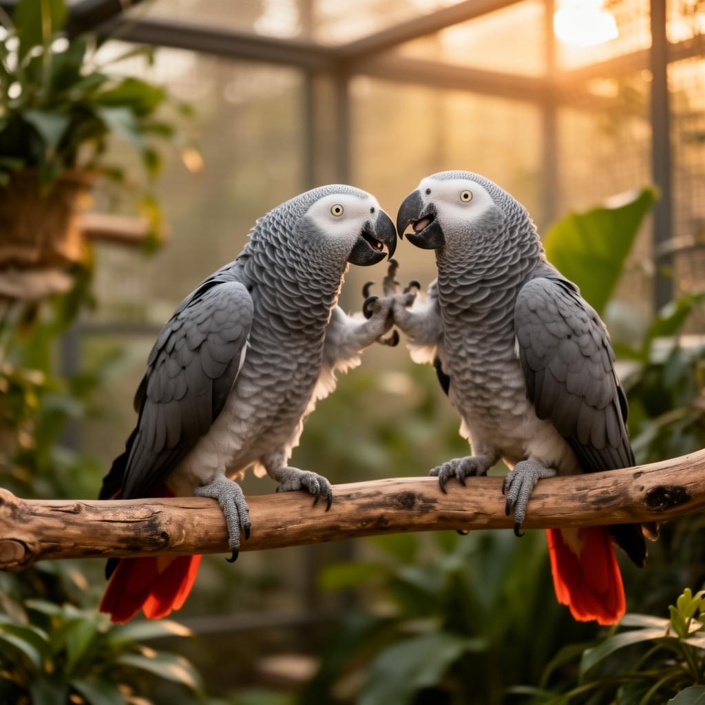 Two African Grey parrots perched together