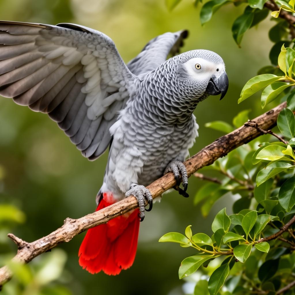 African Grey parrot with wings spread mid-flight